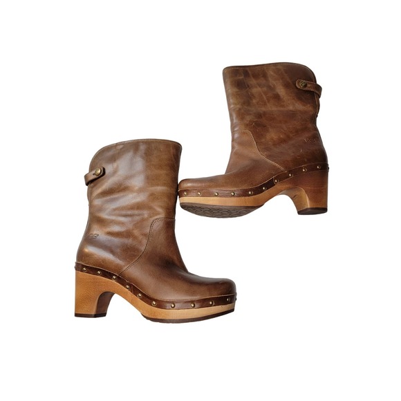 UGG Australia Lynnea Sheepskin Lined Brown Leather Clog Boots Size 6 - Picture 2 of 12